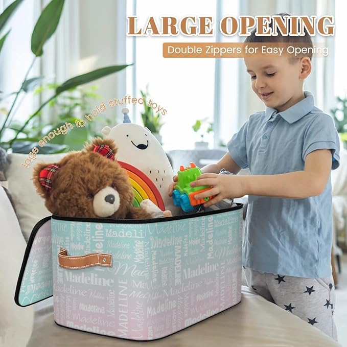 Custom Storage Basket with Name Personalized Keepsake Box with Zipper Lid Foldable Fabric Memory Bin Large capacity with Handle Green Pink