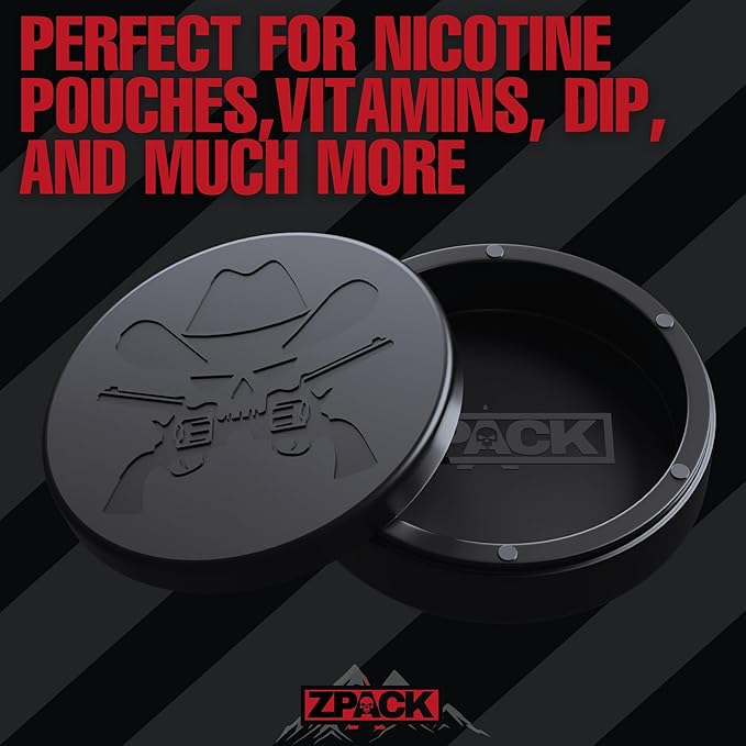 ZPACK Magnetic Zyn Metal Can Holder Metal Container Carved Tin with Magnetic Closure Aluminum Container Slim Pouch Can Gift for Him – Engraved Logo Black (Cowboy)