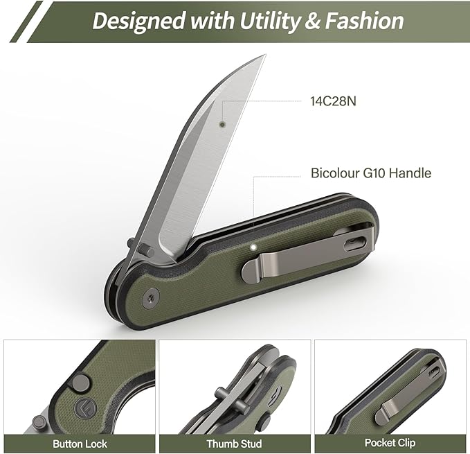 FINTISO Pocket Knife 3 14C28N Blade EDC Knife with G10 Handle Folding Knife with Pocket Clip for Outdoor Camping Hunting Hiking Survival Parrot Series