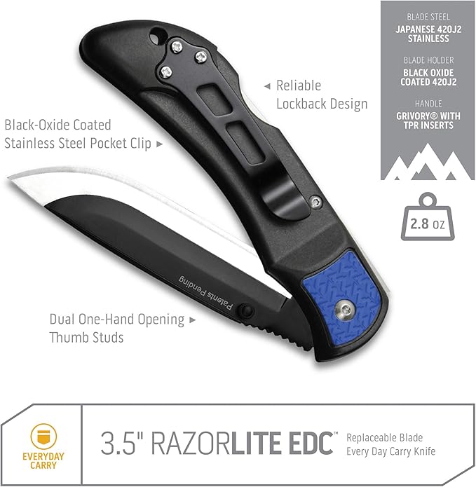 OUTDOOR EDGE 3.5 RazorLite EDC Knife. Pocket Knife with Replaceable Blades and Clip. Perfect For Hunting &amp Skinning Deer. Blue with 6 Blades