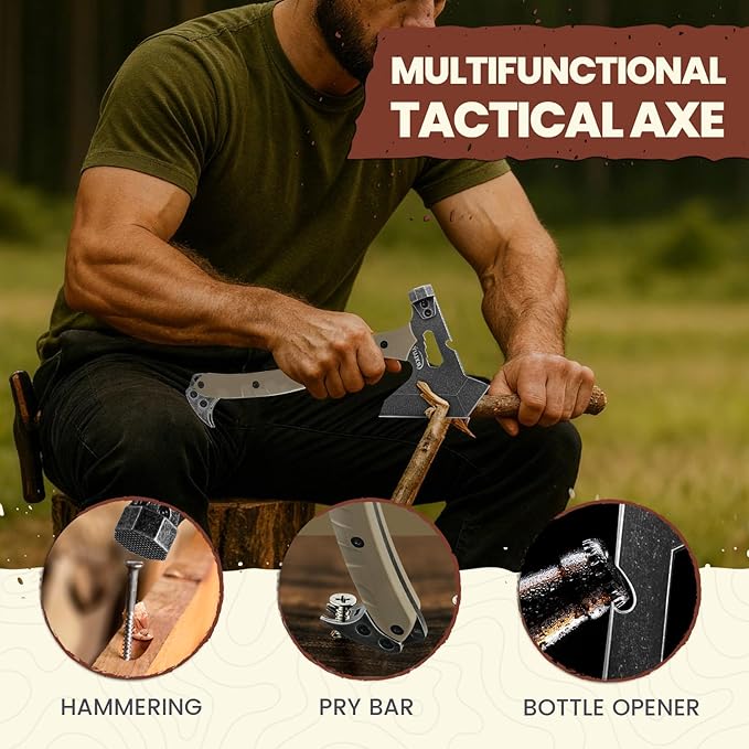 Tactical Axe with G10 Handle Camping Survival Hatchet Multifunctional Hiking Outdoor Heavy Duty Full Tang Tomahawk Tools with Hammer Unique Design Crowbar Leather Sheath (Gray)