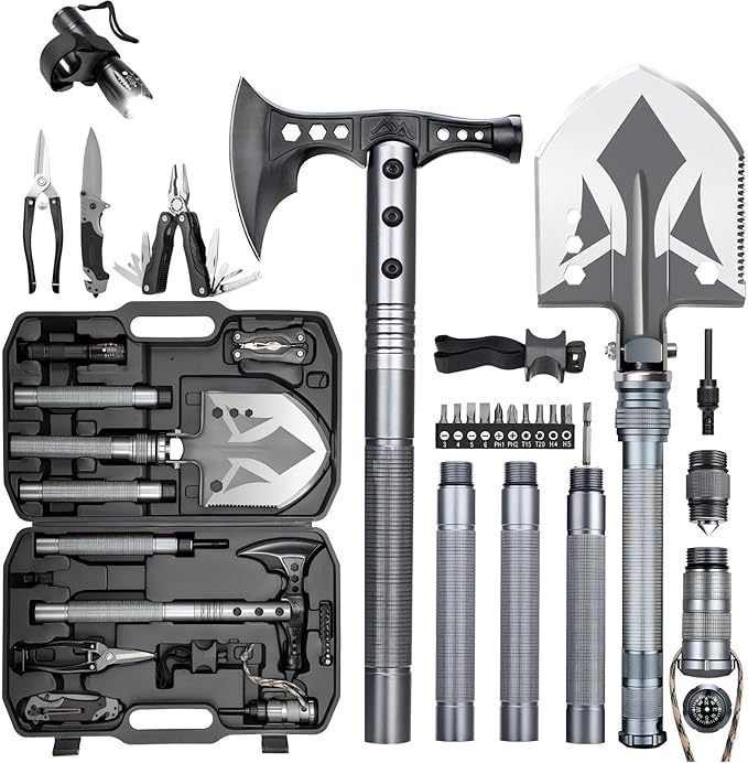 ZENHOSIT Multifunctional Folding Tactical Shovel Hatchet Combo - With Axe Flashlight Extension Handles - For Camping Cycling Hiking - 19.3-40.9 Inches