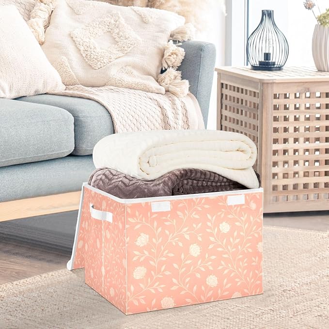 ALAZA Peach-pink Floral Vine Storage Bins Organizer Box Baskets Lidded Clothes for Shelves Closet Collapsible Stackable Storage Cubes Handles