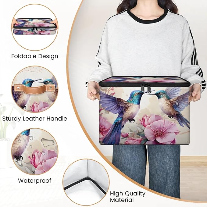 Storage Bins with Lids Flower Hummingbird Storage Basket Clothes Organizer with Handles Closet Storage Containers for Clothing Bedding Blanket