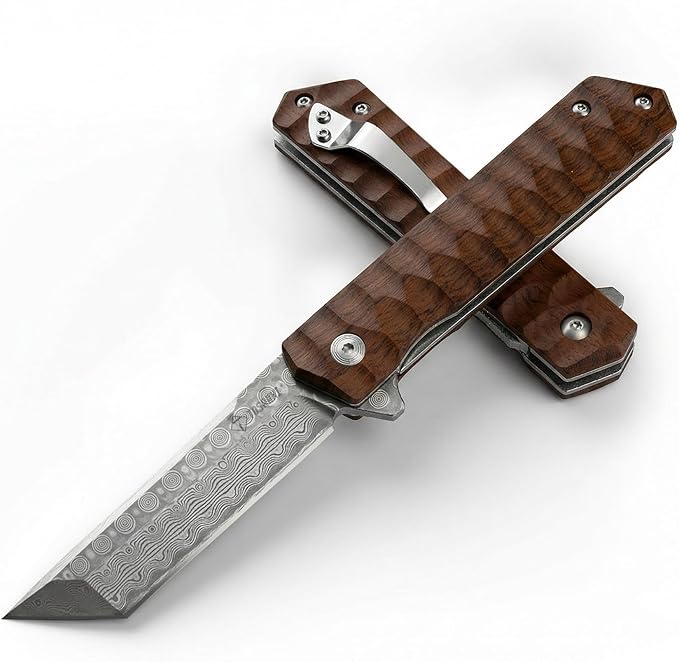 Damascus Steel Tanto Blade Pocket Knife With Rosewood Handle