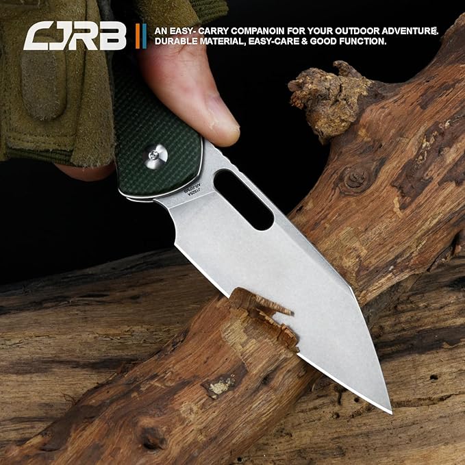 CJRB Pyrite-Alt (J1925A) Folding Pocket Knife with 3.11'' Stone Wash AR-RPM9 Wharncliffe Blade Dark Green Micarta HandleButton Lock EDC Knife with Thumb Hole for TacticalOutdoorHiking and Gift