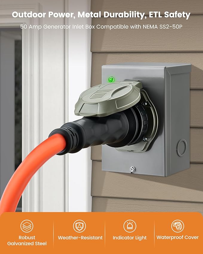 SURAIELEC 50 Amp Generator Power Inlet Box NEMA SS2-50P Generator Box for 3-Prong Generator Cord 120/240V 12000W Weatherproof Outdoor Outlet Receptacle ETL Listed Ready for Emergency Use