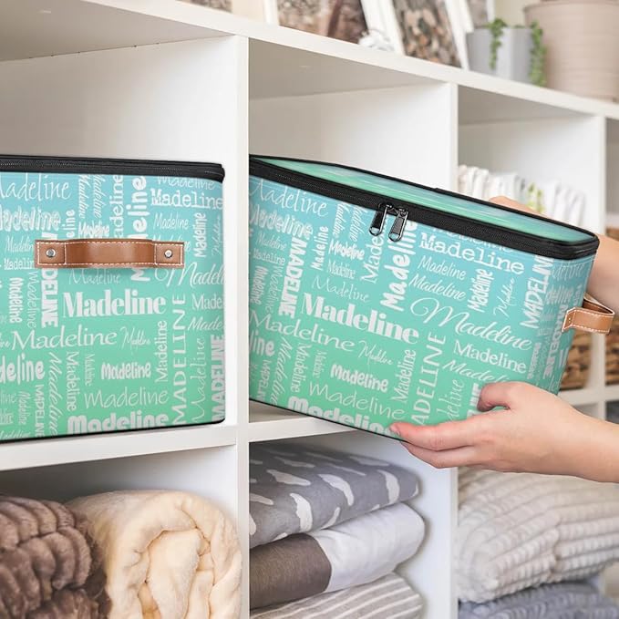 Custom Storage Basket with Name Personalized Keepsake Box with Zipper Lid Foldable Fabric Memory Bin Large capacity with Handle Bright Green Blue