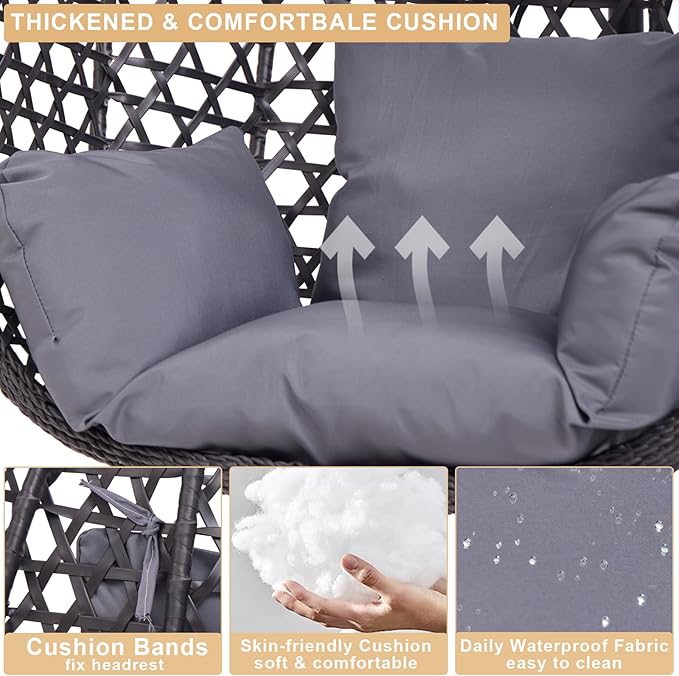 Indoor Hanging Chair with Stand for Bedroom Hexagon Rattan Wicker Swing Egg Chair for Bedroom Porch Garden Patio Outdoor Hammock Egg Swing Chair with Cushion350LBS Capacity(Dark Grey)