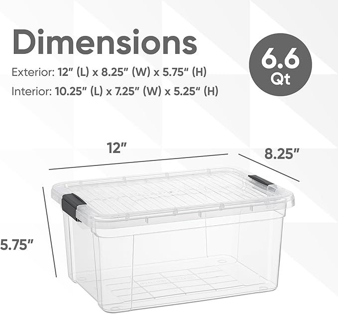 Superio Storage Bins with Lids- 12 Pack 6.6 Qt Clear Boxes for Organizing Stackable Plastic Containers- BPA Free Non-Toxic Odor Free Organizer for Home Office Dorm