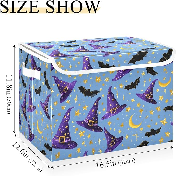 Halloween Wizard Hats Moons Stars Storage Box with Lid 1 PC Foldable Storage Bin with Lids Stackable Storage Bins Cube Closet Organizer Basket with Flip-Top Lid &amp Handles for Shoes Books To