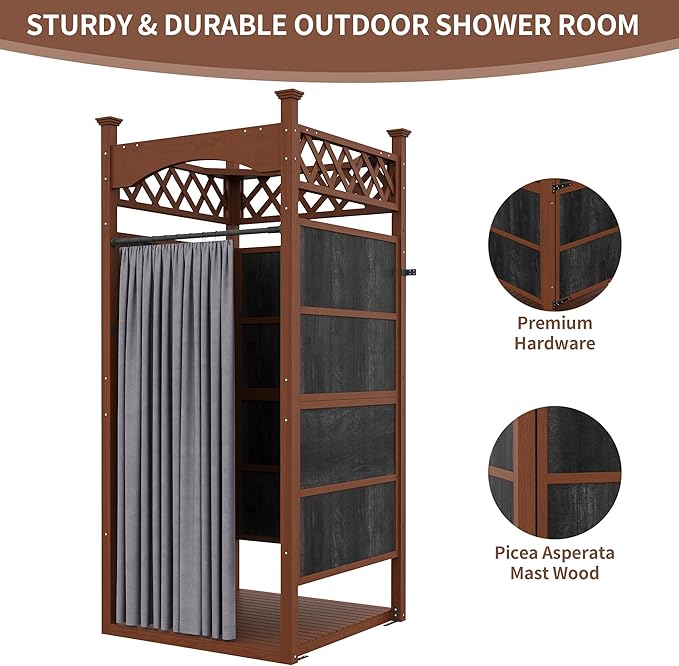 Outdoor Shower Enclosure with Shower Mat &amp Curtain Solid Wood Privacy Outside Shower Stall Outdoor Changing Room for Pool Wash Station Patio or Beach Rinse Station