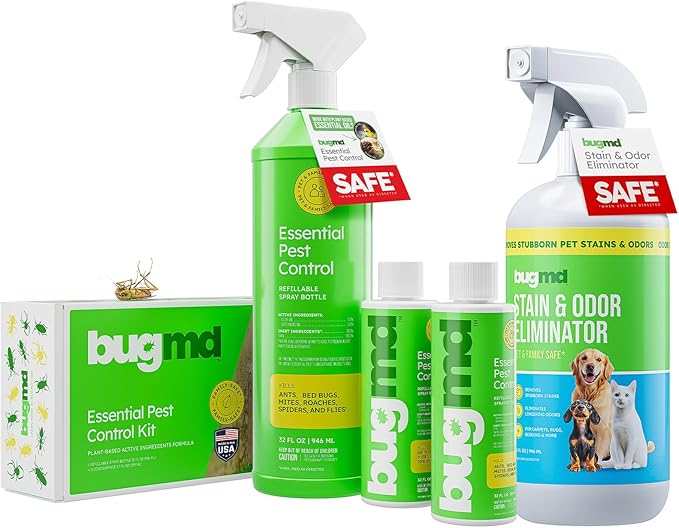 BugMD Essential Pest Control Starter Kit + BugMD Pet Odor &amp Stain Remover – Natural Pest Control + Family &amp Pet Safe Enzyme Cleaner – Kill Ants Roaches Spiders &amp Eliminate Pet Stains &am