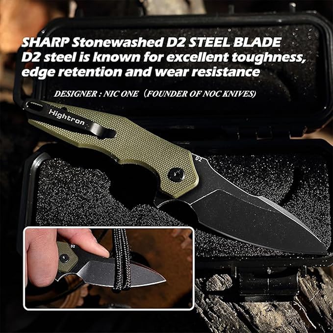 Hightron Mini Ventura Flipper Pocket Knife 2.85 D2 Blade and Ergonomic G10 Handle EDC Folding Knives for Camping Survival Hiking tool for Men Women (Green-B)