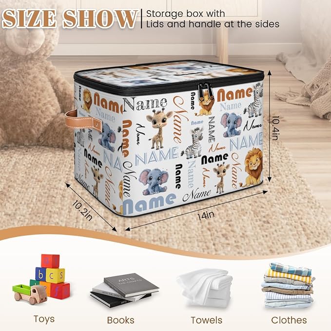 Custom Storage Bins with Zipper Lid Personalized Elephant Zebra Giraffe Lion Fabric Lidded Storage Baskets Boxes Foldable Cubes Clothes Organizer Container