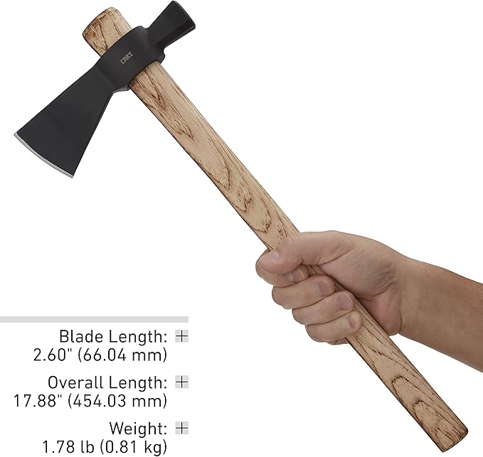 CRKT Chogan Hammer T-Hawk: Outdoor Camping Axe with Hammer Poll Forged Carbon Steel Head Tennessee Hickory Wooden Handle 2724