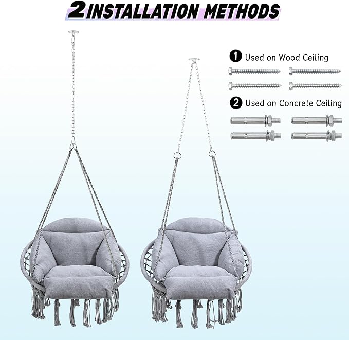Macrame Hammock Hanging Swinging Chair with Oversized Cushion Perfect for Bedroom Porch Kids Adults Balcony Grey
