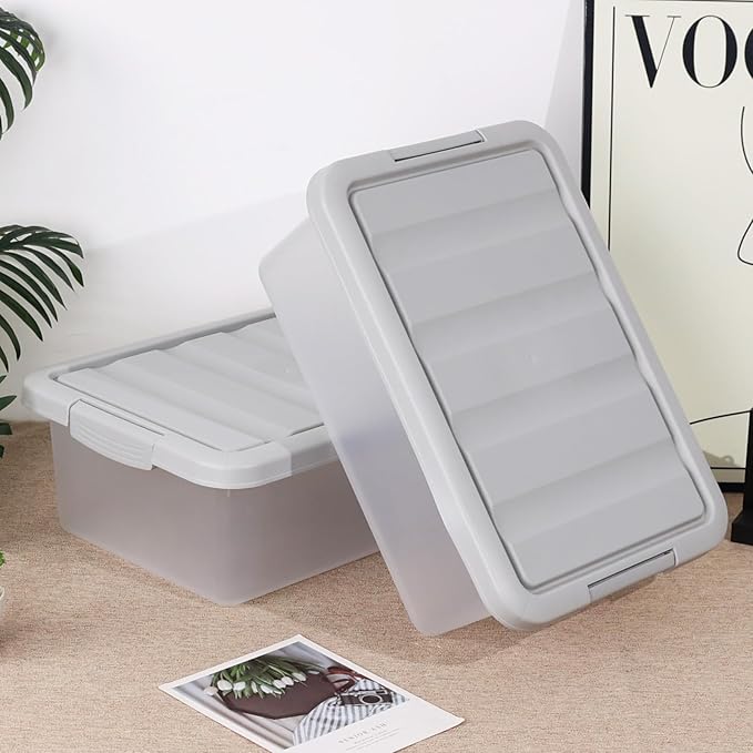 Wekioger Plastic Home Storage Bin with Grey Lid 14 Quart Frosted Clear Latching Bin 2 Packs