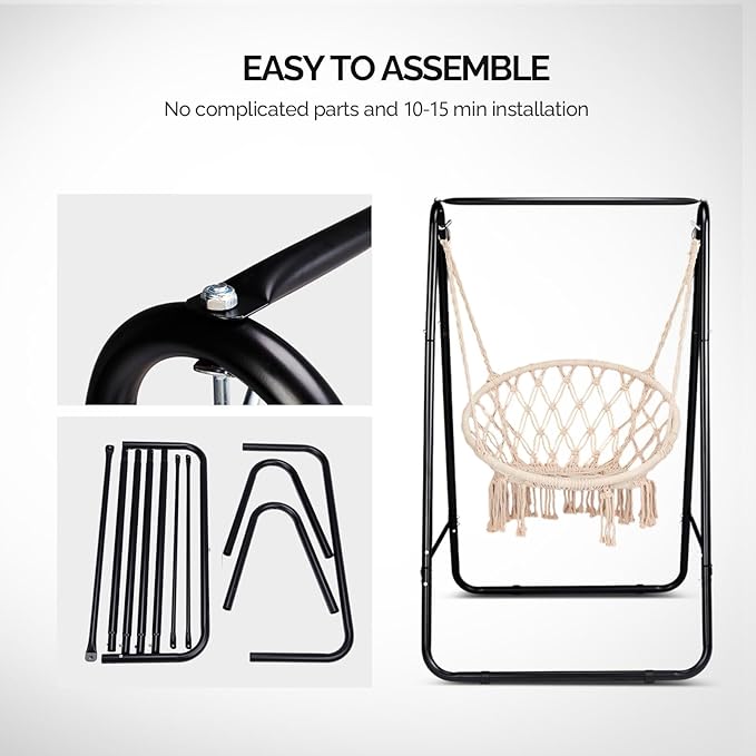 Steel Hammock Chair Stand with Adjustable Hooks - 600lbs Capacity Indoor Outdoor Use Black Frame (Hammock Not Included)