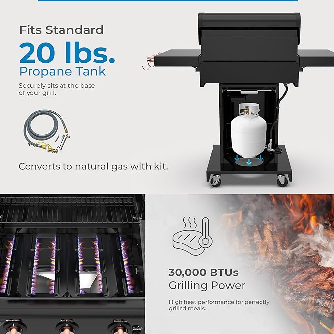 Kenmore 3-Burner Gas Grill | Foldable Side Tables Cast Iron Cooking Grates Warming Rack Hooks for BBQ Grilling Tools Propane Gas Barbecue Grill 30000 BTUs Black with Copper Accent