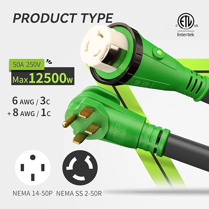 RVMATE 50 Amp 100 Feet RV/Generator Lockable Power Extension Cord Easy Plug in Handle 14-50P to SS 2-50R with LED Indicator ETL Listed