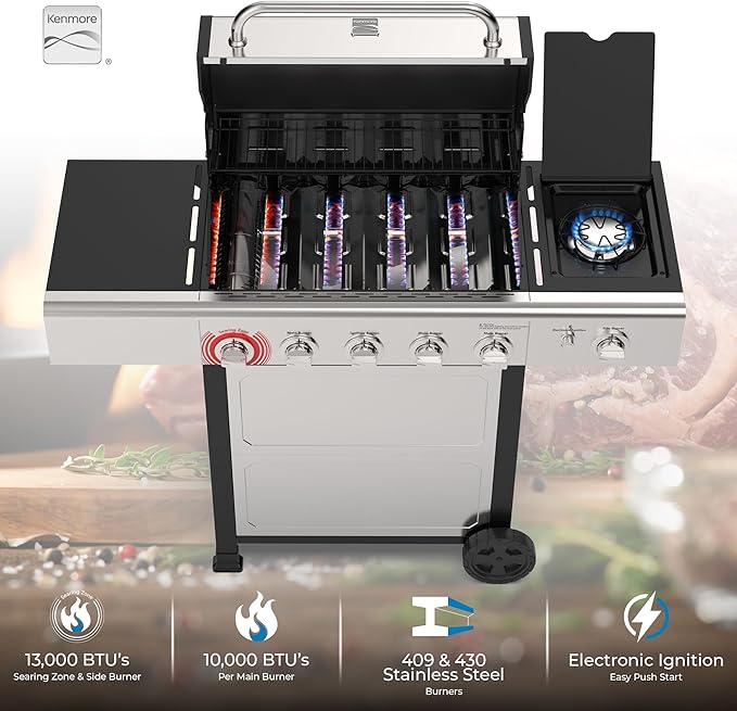 Kenmore BBQ Propane Gas Grill - 5 Burners with Side Burner &amp Searing Zone 644 Sq. In. Stainless Steel Grill 66000 BTU Ideal for Outdoor Cooking Patio &amp Backyard Silver