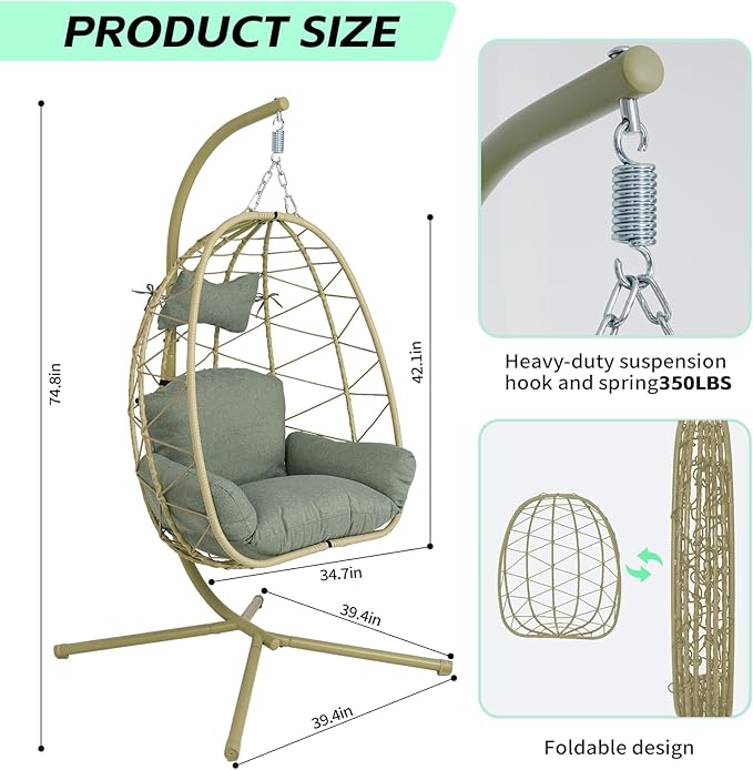 Hanging Egg Chair with Stand Outdoor Indoor Patio Rattan Swing Hammock Chairs with Washable Cushion PE Wicker Swing Chair for Backyard Bedroom Garden (Cyan + Dark Green Cushion No Footrest)