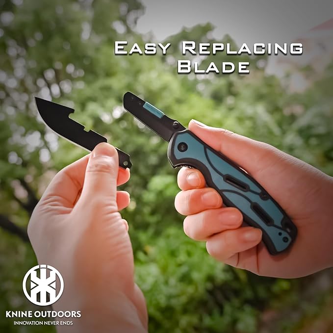 KNINE OUTDOORS Hunting Pocket Knife with Replaceable Blades and Clip Skinning and EDC for Deer Hunting With 9 Blades (Blue)