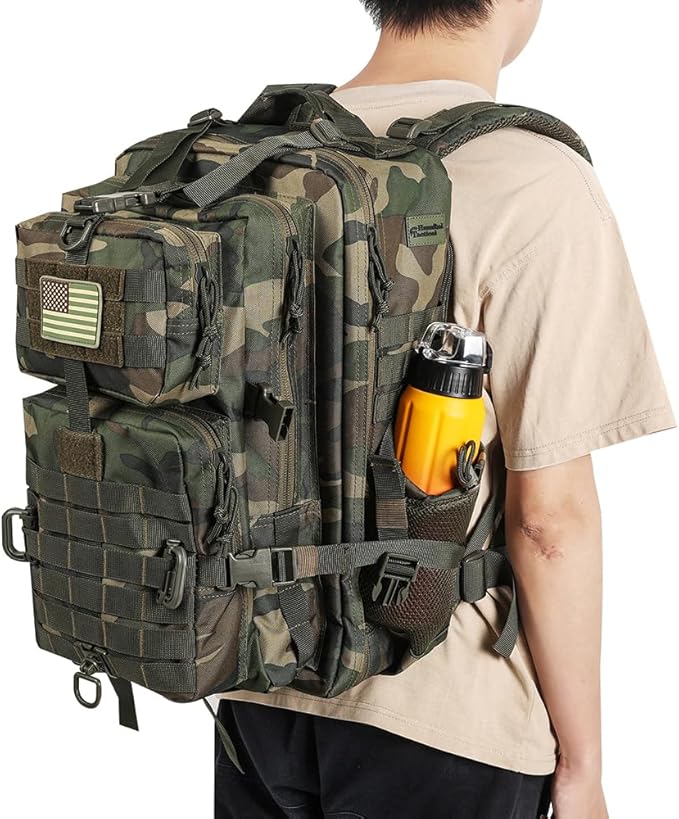 Hannibal Tactical 45L MOLLE Assault Backpack Tactical Backpack Military Army Camping Rucksack with Bottle Holder 3-Day Pack Trip w/USA Flag Patch D-Rings US Woodland