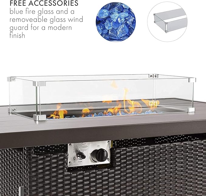 52Inch Patio Fire Pit Table 50000 BTU Rectangular Propane Gas Firepit Rust-Free Aluminum Frame &amp All-Weather Wicker 2-in-1 Firepit Dining Table with Glass Guard &amp Cover for Deck Garden B