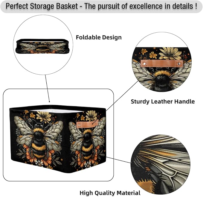 Pardick Basket Storage Bins Animal Bee Black Rectangle Cube Basket Box Kids Girls Boys Toys Organizer Beaket Decor Foldable with Handle for Living Room Bedroom Closet Nursery Office Shelf Gifts