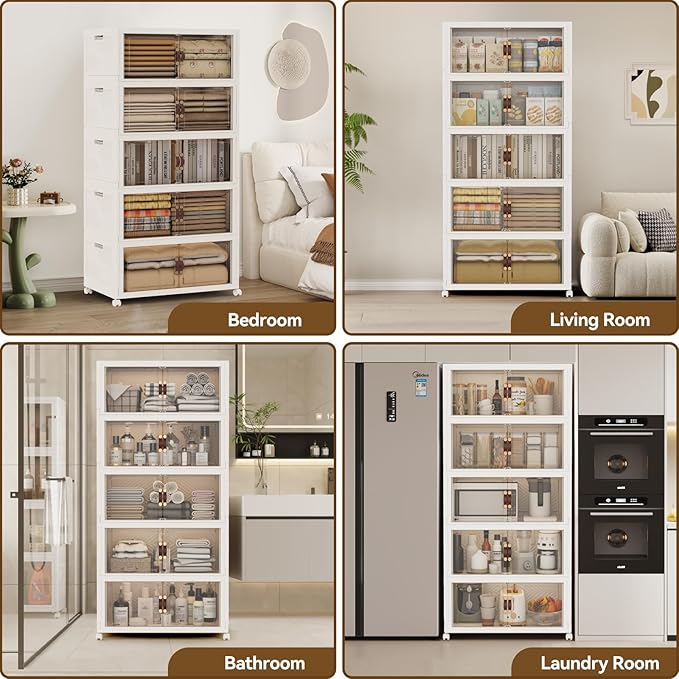 SAILUN 666QT/166Gal Stackable Storage Bins with a Lid Collapsible Storage Bins With Doors Folding Cabinet for Home Closet Organization5 Pack-28 W x 18 D x 76.4 H White