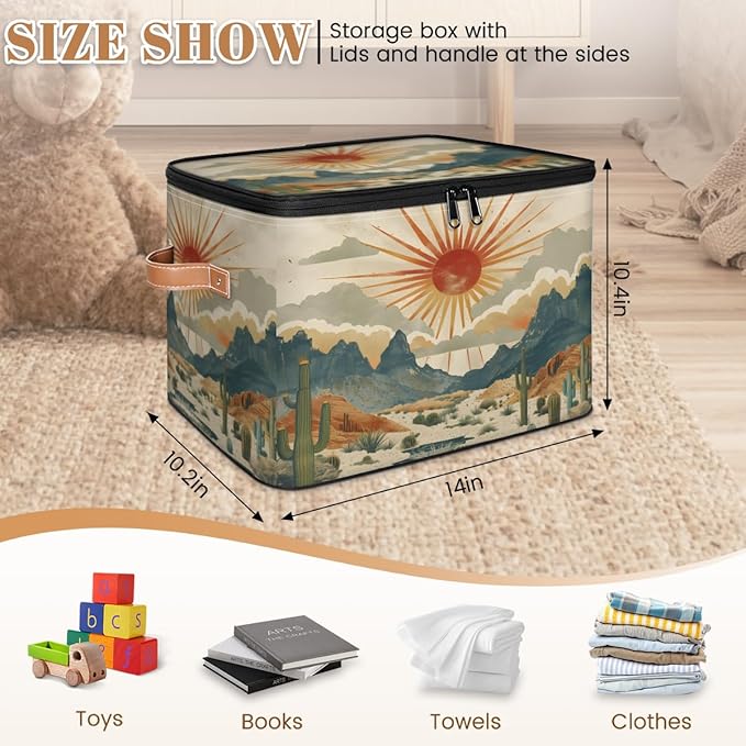 Cactus Storage Bins with Lids Desert Sunset Fabric Storage Boxes with Zipper Collapsible Decorative Closet Organizer Cube for Clothes Organizing Shelves