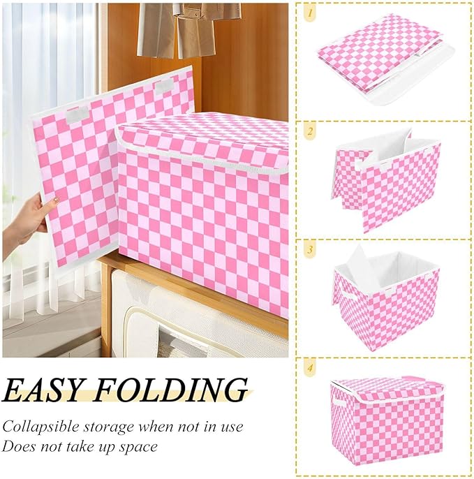Collapsible Storage Bins with Lids Decorative Fabric Storage Cubes Closet Organizer and Storage Basket Boxes Containers for Clothes Box Chest Nursery Folding Rectangle Checkered Pink