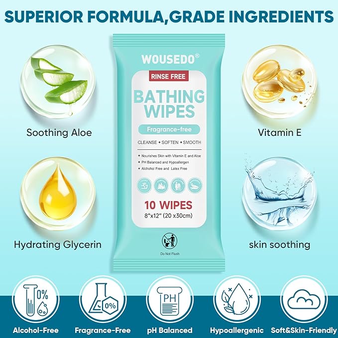 No Rinse Bathing Wipes for Adults - Extra Thick 8x12 Inch Disposable Shower Wipes Hypoallergenic Unscented Body Cleansing Cloths for Bed Bath Hospital Travel Camping - 300 Count(30 Packs)