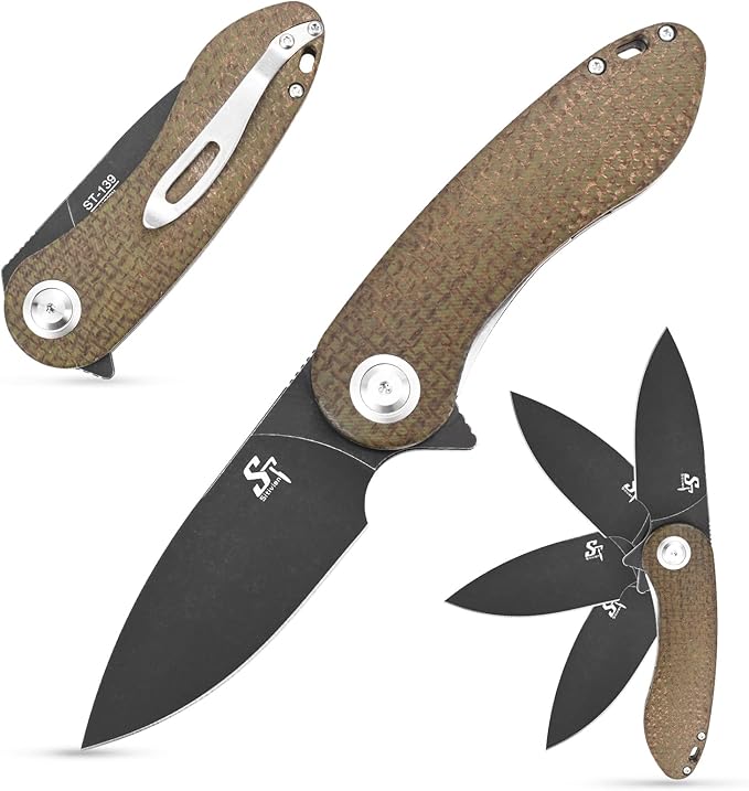 Sitivien ST139 Sandvik 14C28N Steel Blade Folding Knife Micarta Handle EDC Tool Knives for Outdoor Camping Hiking Hunting Survival(Green)