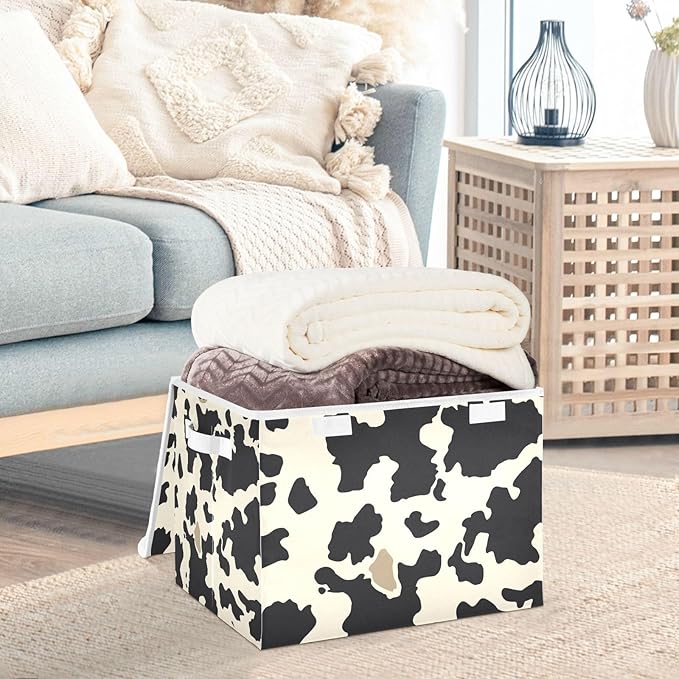 Collapsible Storage Bins with Lids Decorative Fabric Storage Cubes Closet Organizer and Storage Basket Boxes Containers for Clothes Box Chest Nursery Folding Rectangle Beige Black Cow Print
