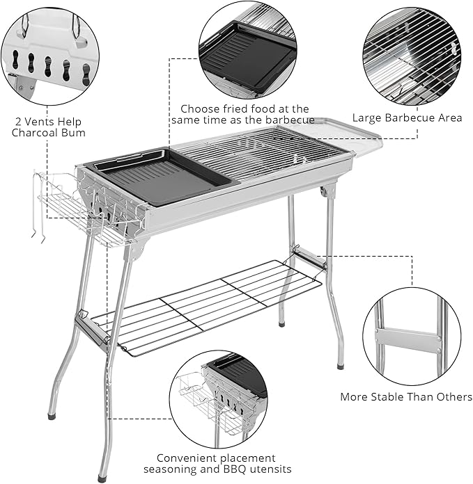 LEADZM Stainless Steel Barbecue Grill BBQ Charcoal Foldable &amp Portable Grill Great for Outdoor Cooking Camping Hiking Picnics Tailgating Silver 39.3×12.2×27.9