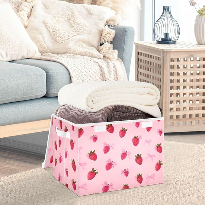 Collapsible Storage Bins with Lids Decorative Fabric Storage Cubes Closet Organizer and Storage Basket Boxes Containers for Clothes Box Chest Nursery Folding Rectangle Red Strawberry Bows
