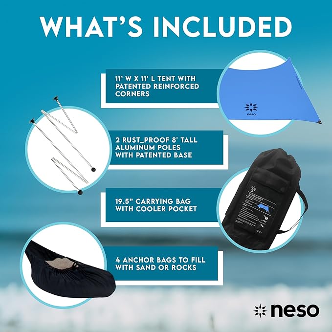 Neso Gigante Portable Beach Tent Sun Shelter - Lightweight Beach Shade Canopy - Easy Setup for Family Outings - Patented Reinforced Corners - UPF 50+ - 8ft Tall 11 x 11ft - Periwinkle Blue