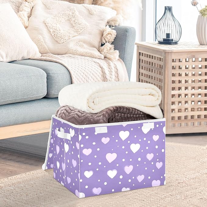 Purple Valentine Hearts Dots Storage Box with Lid 1 PC Foldable Storage Bin with Lids Stackable Storage Bins Cube Closet Organizer Basket with Flip-Top Lid &amp Handles for Shoes Books Towels