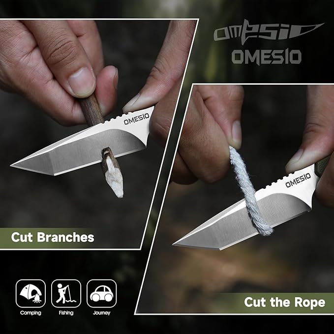 Omesio Tanto Neck Knife Small Fixed Blade Knife with Kydex Sheath and Clip Full Tang 6 Neck Knife with Sheath and Necklace Mini Tactical EDC Knife D2 Steel G10 Handle(White Steel+ Black Handle)