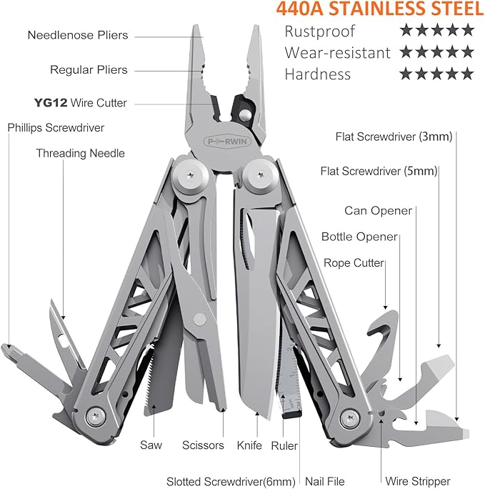 Multitool 17-in-1 Stainless Steel Multi Tool Pliers with Self-Locking Pocket Knife Nylon Sheath Professional (EDC) Multi-Tool for Survival Camping and Hunting Hiking Gifts for Men