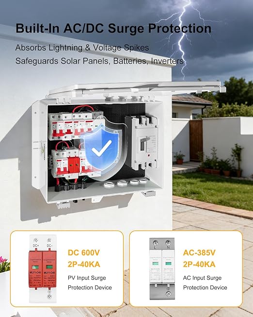 PV Combiner Box 2 String Solar Distribution Box IP65 Waterproof with 25A 250A DC Circuit Breakers 63A 125A AC Breakers Outdoor Power Distribution Box for 8KW–10KW Inverter Systems