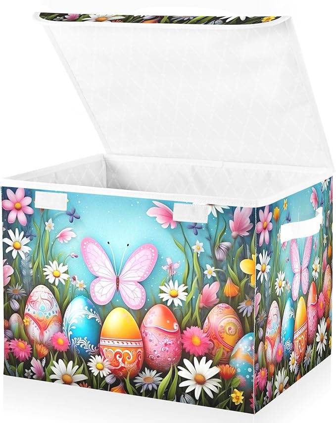Christmas Storage Baskets with Lids Colorful Eggs and Butterfly Collapsible Bins Stackable Fabric Linen Baskets Closet Organizer Container 16.5x12.6x11.8