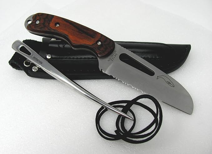 Myerchin W100P Generation 2 Wood Offshore System - Fixed 3/4 Serrated Pro Marine Stainless Steel Blade - Bubinga Wood Handle - Includes Marlinspike and Leather Sheath - Professional Rigging Tool Kit W