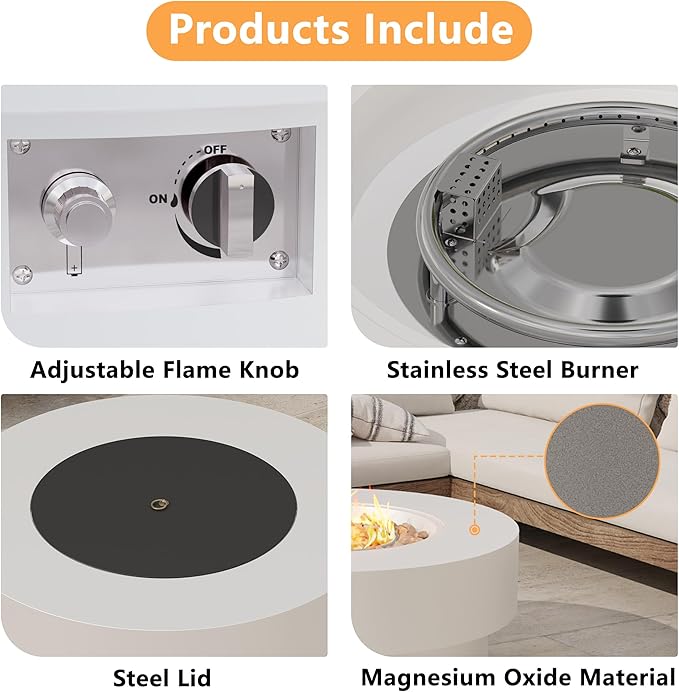 32.5 inch Outdoor Propane Fire Pit Table 50000 BTU Round Patio Fire Pit Table with Lid Waterproof Cover 10ft Gas Hose &amp Gas Tank Base Lava Rocks CSA Certified White