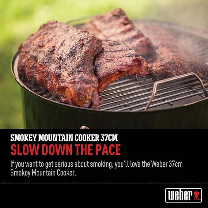 Weber Smokey Mountain Cooker 14-Inch Charcoal Smoker – Outdoor BBQ Smoker with Dual Cooking Grates Porcelain‑Enameled Kettle &amp Temperature Control Dampers