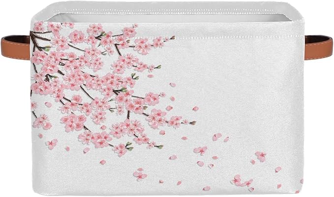 Basket Storage Bins Japanese Cherry Blossoms Rectangle Cube Basket Box Kids Girls Boys Toys Organizer Beaket Decor Foldable with Handle for Living Room Bedroom Closet Nursery Office Shelf Gifts