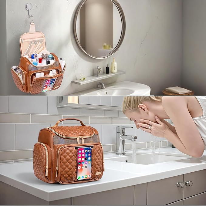 Large Leather Toiletry Bag for Women MenBathroom BagWater Resistant Shower BagMakeup BagPortable Shower Caddy for College DormHanging Travel Toiletry Bag with Transparent Waterproof Phone Pocket